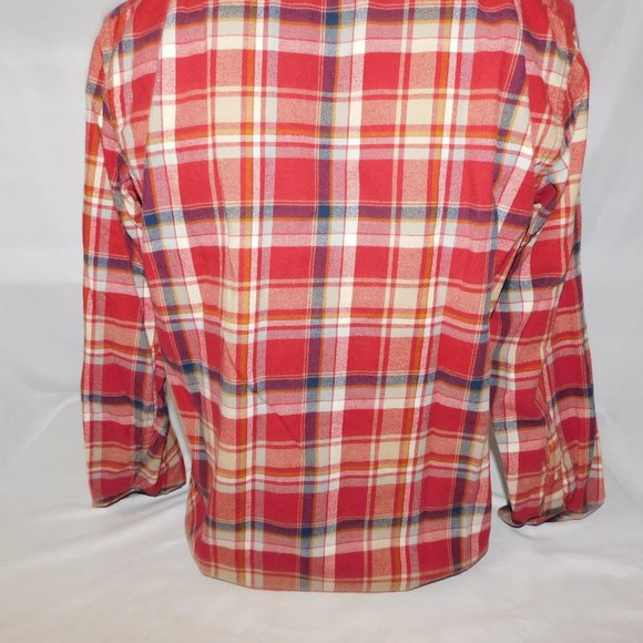 Eddie Bauer Men S Relaxed Fit Red Cream Blue Plaid Button Front LS Flannel Shirt - Picture 9 of 9